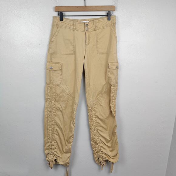 I.Am.Gia Ryder Cargo Pants Womens Small Tan Low Rise Y2K Baggy Cinch Ankle FLAWS - Picture 1 of 9
